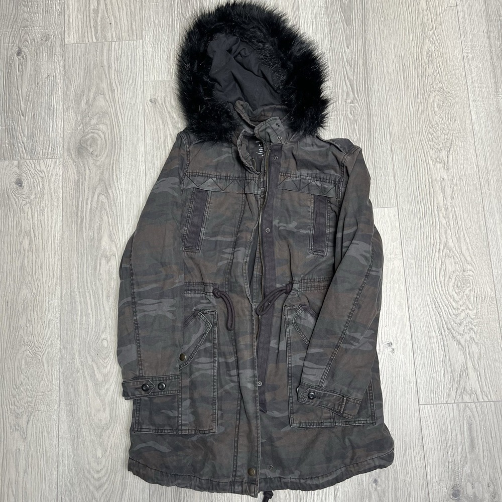 American Eagle Camo Y2K Faux Fur Hood Parka Jacket Coat Womens Sz M Camouflage‎
